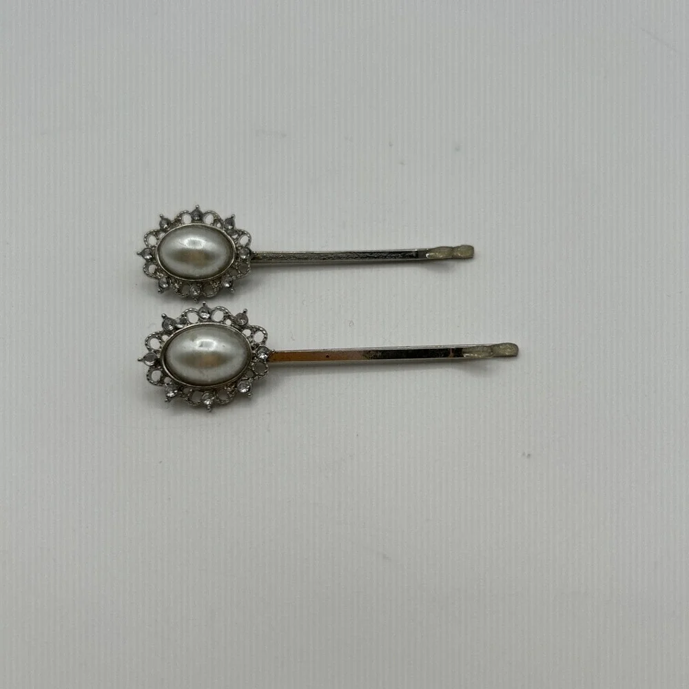 Unbranded Hair Pins Women OS Silver Faux Pearl Rhinestone Bobby Pin Set 2pc
